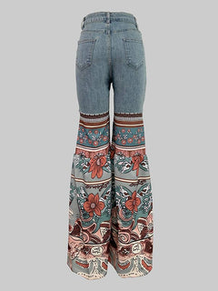 Flared Pants Floral Printed High-Waisted Pockets Jean Pants Bottoms