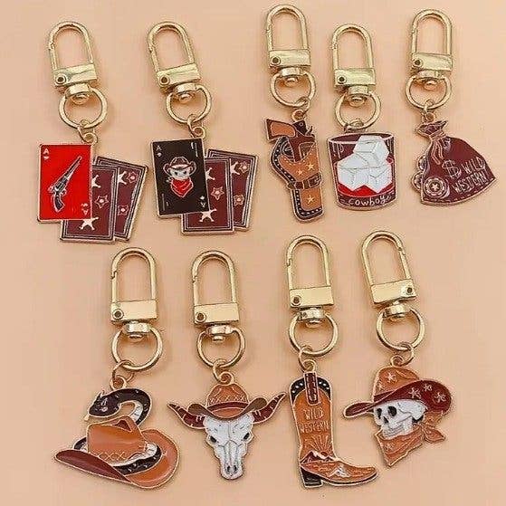 Cowboy Style Alloy Keychain Set With Skull Poker Charms For Women's Bags