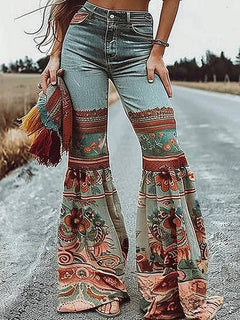 Flared Pants Floral Printed High-Waisted Pockets Jean Pants Bottoms